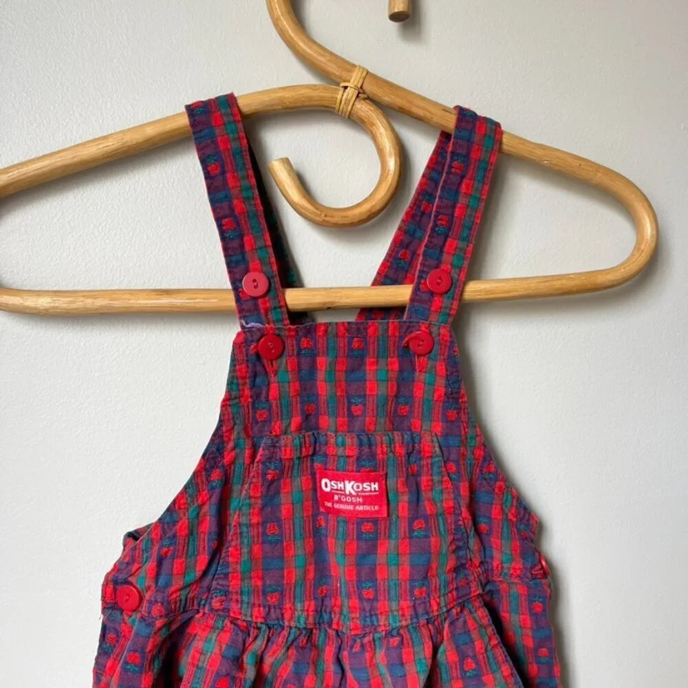 Vintage 1980s OshKosh B'Gosh VestBak Woven Plaid Red Apples Overalls Girls 4T